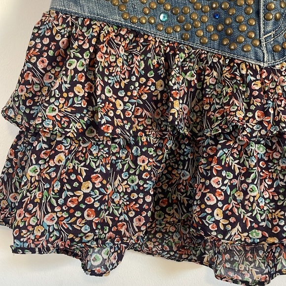 Y2K Western Ruffle Mini Skirt 6 Jean Floral Jewel Stud Express Denim 00s Baby - Picture 5 of 16
